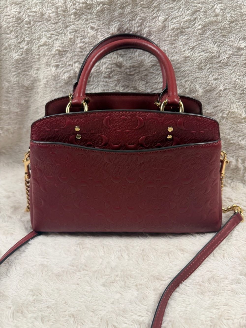 Coach Wine Embossed Leather Satchel with Gold Chain Strap - Picture 7 of 12